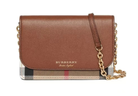 Burberry博柏利 Vintage 英伦学院风复古经典格纹金属链条肩带 小牛皮拼帆布 单肩斜挎包女款 棕色