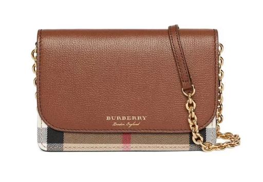 Burberry博柏利 Vintage 英伦学院风复古经典格纹金属链条肩带 小牛皮拼帆布 单肩斜挎包女款 棕色 商品图0