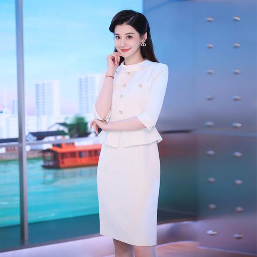 IWY/高级感杏色假两件西装连衣裙女米白气质名媛法式职业套裙主持人Q1185 商品图1