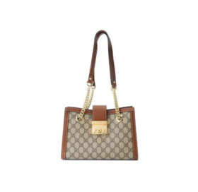 GUCCl古驰 Padlock 金属锁头锁扣老花Logo 帆布拼皮 托特包Tote包购物袋手提斜挎单肩包 小号女款 乌木色/棕色