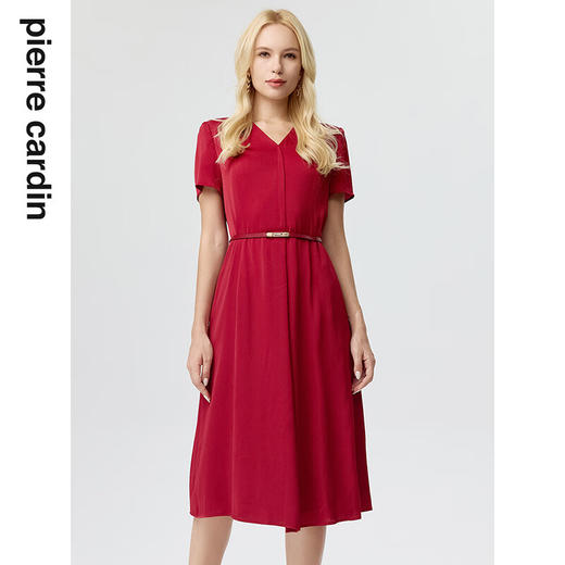 皮尔卡丹女装连衣裙红色短袖简约法式V领收腰显瘦裙P3220D3074R0
 商品图0
