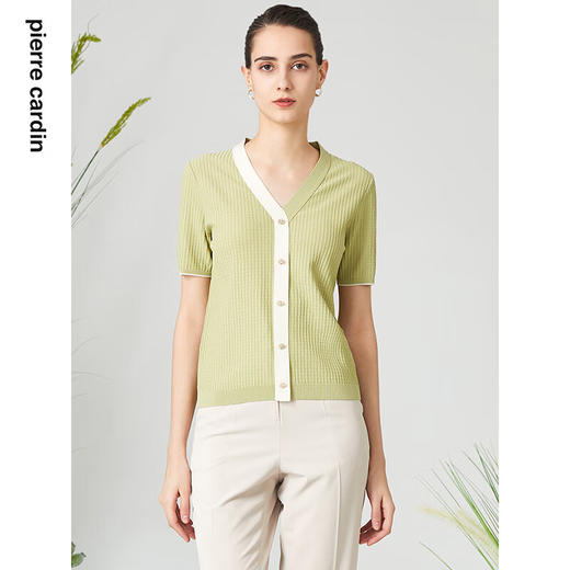 皮尔卡丹女装针织衫短袖华夫格气质通勤百搭针织开衫P3299K3252G1
 商品图0