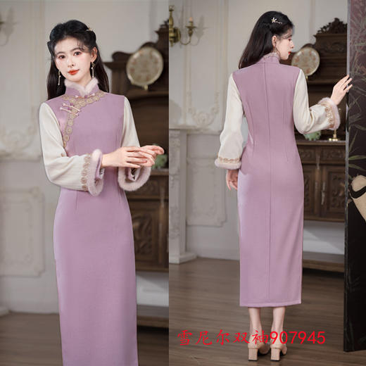 时尚改良雪尼尔，拼接双袖长款旗袍GX-907945 商品图1