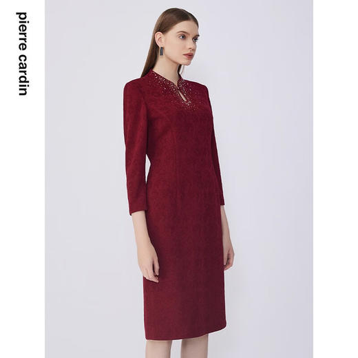 皮尔卡丹女装连衣裙醋酸旗袍领修身端庄场合宴会A字裙P0315DL05T3 商品图1