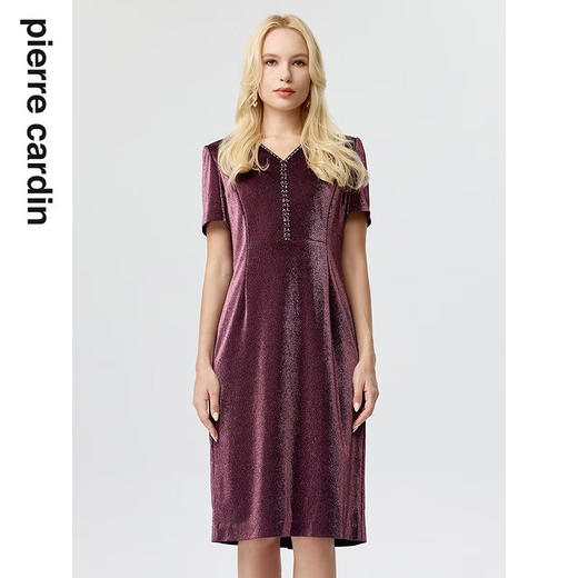 皮尔卡丹女装连衣裙紫色短袖镶钻亮闪闪中长款一步裙P3241D3107Z0
 商品图0