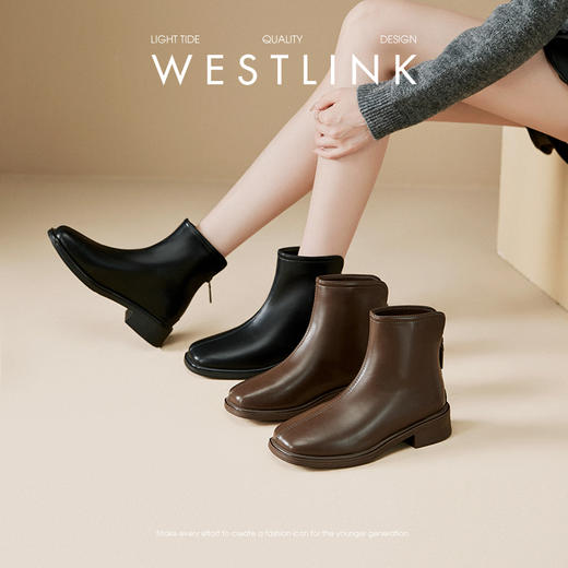 西遇方头短靴女冬季加绒新款韩系小踝靴黑色平底弹力瘦瘦靴子D0047814 商品图0