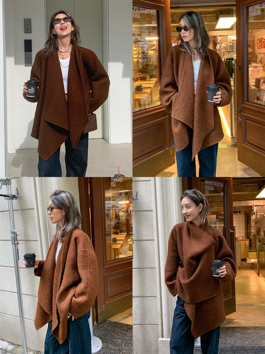 HIDEMI 极简廓形设计感不对称堆堆领围裹式进口绵羊毛艺术肌理感粗花呢毛呢中长款大衣 茶褐棕/古铜红 商品图4