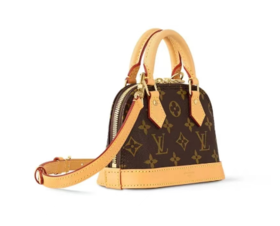 LOUIS VUITTON Alma 金色五金配件双拉链开合涂层帆布拼天然牛皮饰边 手提单肩斜挎包 nano女款 棕色