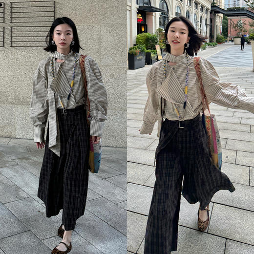 HIDEMI 极简廓形不对称堆叠感设计感圆领长袖衬衫上衣 马斯正红/奶油米/色织格纹 商品图2