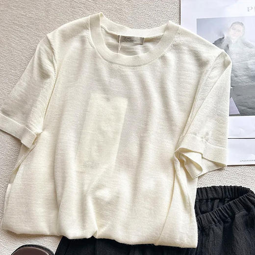 【顺丰包邮】13613 洛诗琳美利奴羊毛正肩针织短袖女0077 商品图3