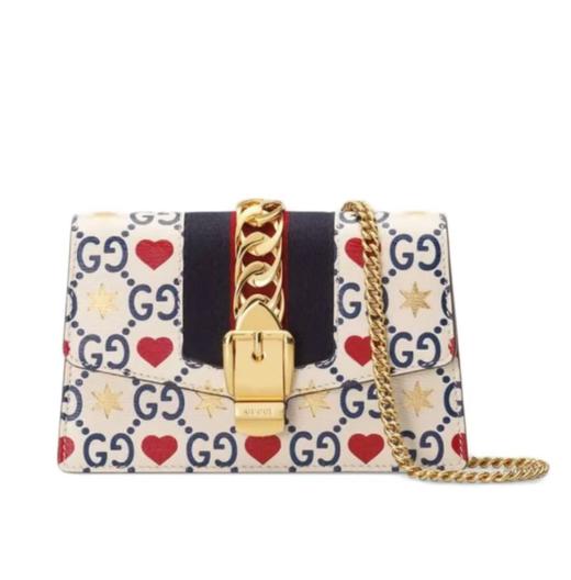 GUCCI 古驰 Syivie 金扣 老花Logo 爱心星星图案 条纹织带 皮革 链条单肩斜挎包超迷你 女款 白色 情人节限定 商品图0
