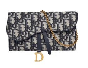DIOR迪奥 Saddle 系列 Oblique老花满印链条肩带内带卡包二合- 牛皮 子母包马鞍包手拿单肩斜挎钱包 女款  牛仔蓝色
