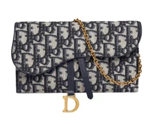DIOR迪奥 Saddle 系列 Oblique老花满印链条肩带内带卡包二合- 牛皮 子母包马鞍包手拿单肩斜挎钱包 女款  牛仔蓝色 商品图0