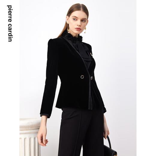 皮尔卡丹女装西装春秋丝绒花边立领日常时尚设计外套P3321U3997B0
 商品图3