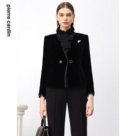 皮尔卡丹女装西装春秋丝绒花边立领日常时尚设计外套P3321U3997B0
