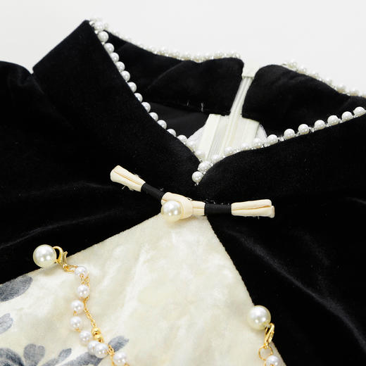 PH808斯尔丽24新款改良版镶嵌珍珠拼丝绒印花气质高雅长袖丝绒连衣裙 商品图4