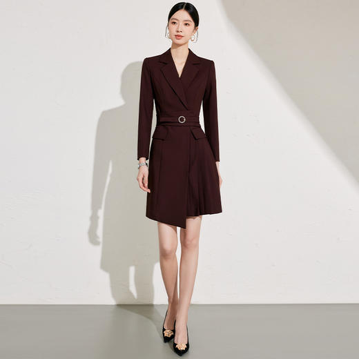 IWY/春秋款长袖安可拉红平驳领连衣裙气质时尚*通勤干练职业工装裙24Q629 商品图3