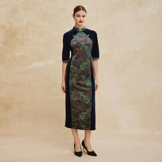 PH802斯尔丽斯尔丽2024秋冬新款丝绒改良旗袍精致奢华宴会拼色连衣裙 商品图3