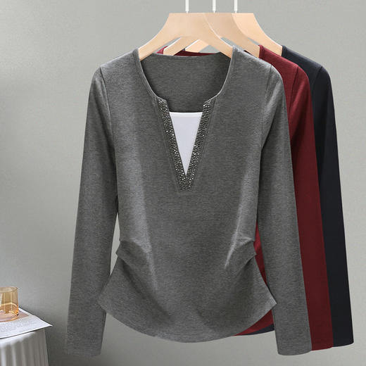 丁摩 品质安可拉红色系女士假两件打底衫优雅叠穿内搭女钉珠上衣4ZF-R6843 商品图2