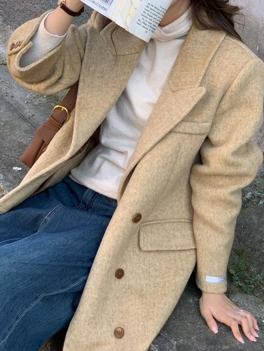 【YW】无忧购韩版人字纹西装领双排扣过膝长款正肩双面羊毛大衣外套9818（截单后7天发货)25年清仓捡漏 商品图1