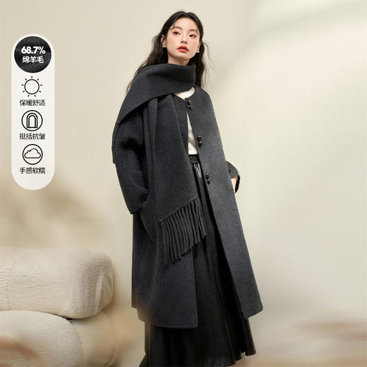 绵羊毛气质优雅长款大衣女秋冬呢料外套配围巾V0042971 商品图0