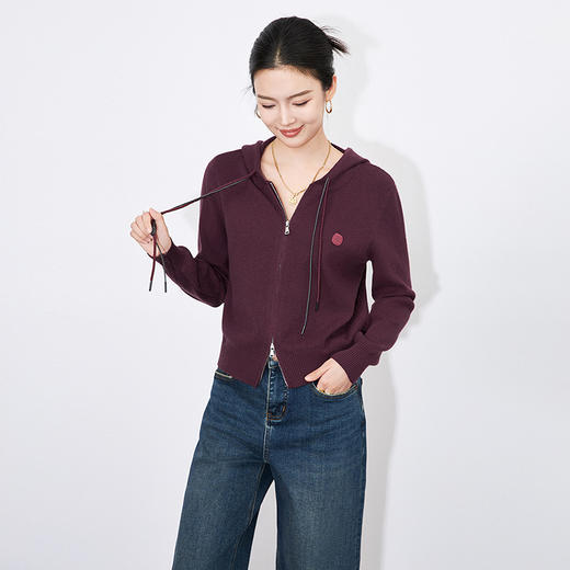 【高货wl】全新升级【铂金会员183/天猫239/差价56】(14141) 洛诗琳气质通勤翻领连帽针织开衫撞色抽绳双头拉链外套 商品图1
