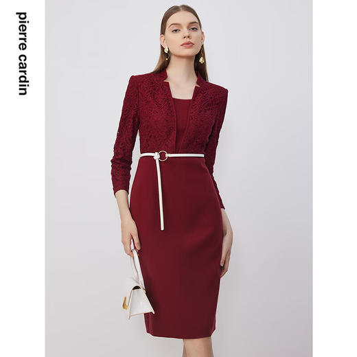 皮尔卡丹女装淑女蕾丝拼接毛呢通勤复古修身连衣裙P3318E3830T0 商品图4