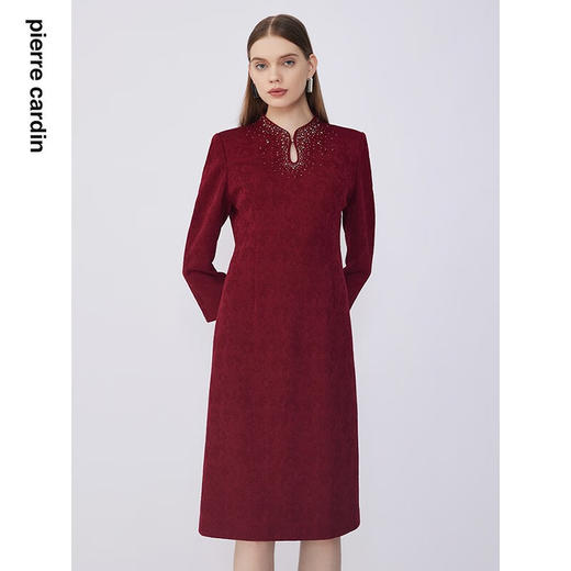 皮尔卡丹女装连衣裙醋酸旗袍领修身端庄场合宴会A字裙P0315DL05T3 商品图4