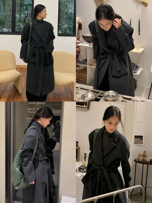 HIDEMI 极简大立体口袋设计感飞行员式领底呢手工式拼接宽肩大廓形绵羊毛厚款长款可拆卸腰带毛呢西装大衣外套 深灰色/藏蓝色 商品图4