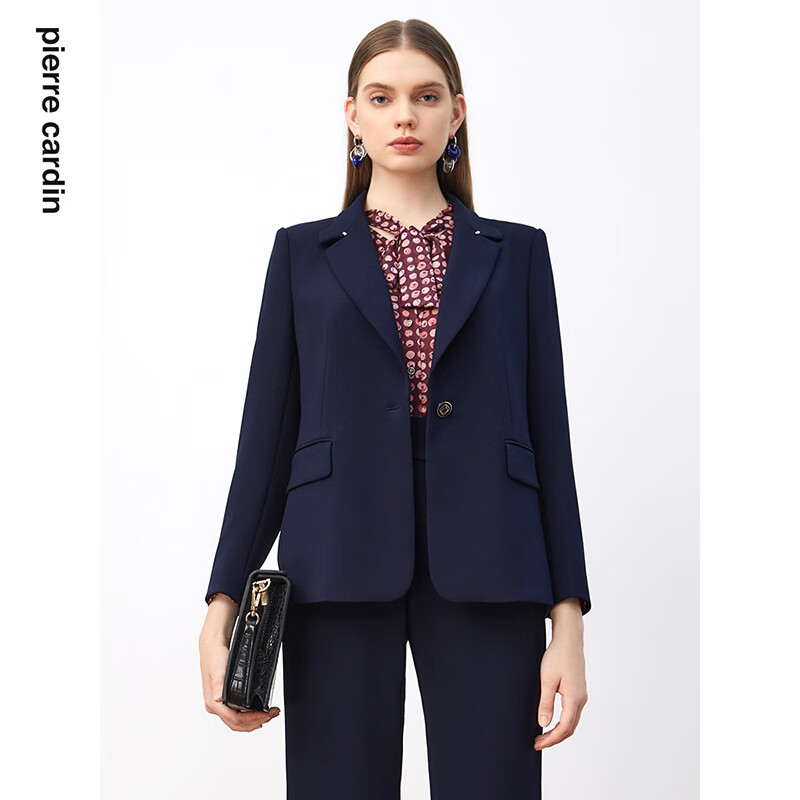 皮尔卡丹女装西装春秋一粒扣藏蓝色通勤高端西服上衣P3326U3928N0

