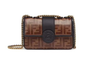 FENDI 芬迪 老花Logo 圆形FF微标 涂层帆布拼皮链条单肩斜挎包 女款 棕色/黑色