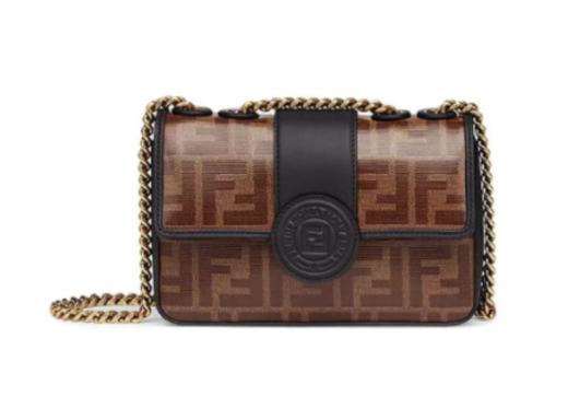 FENDI 芬迪 老花Logo 圆形FF微标 涂层帆布拼皮链条单肩斜挎包 女款 棕色/黑色 商品图0