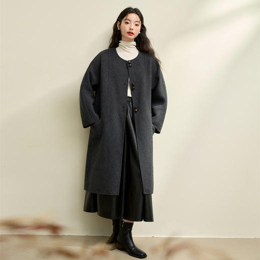 绵羊毛气质优雅长款大衣女秋冬呢料外套配围巾V0042971 商品图3
