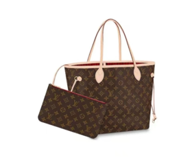 LOUIS VUITTON NEVERFULL MM 老花配色 涂层帆布拼牛皮饰边 托特包Tote包购物袋单肩手提包 中号 女款 棕色 #正红色内里