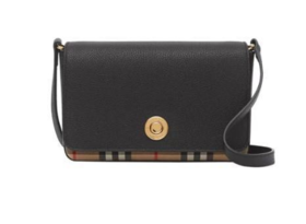 Burberry 博柏利 Vintage复古 格纹拼皮革单肩斜挎包 小号 黑色