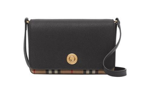 Burberry 博柏利 Vintage复古 格纹拼皮革单肩斜挎包 小号 黑色 商品图0