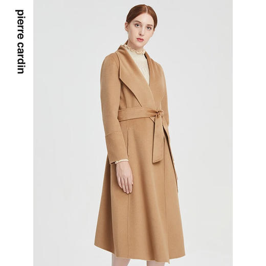 皮尔卡丹女装毛呢外套秋冬高级感驼色长款系带收腰大衣P1487C1931
 商品图1