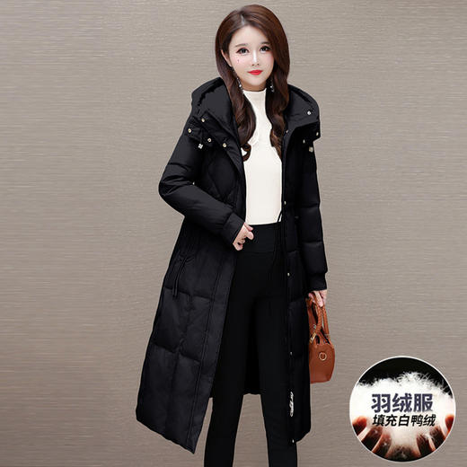 连帽抽绳收腰羽绒服，中长款白鸭绒羽绒服外套QYM- JJ-XDH24831-Y 商品图1