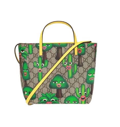GUCCI古驰 开心植物印花 老花Logo 帆布拼皮 托特包 单肩斜挎手提包 女款乌木色 黄色绿色 商品图0