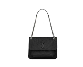 SAINT LAURENT圣罗兰 YSL Niki银链黑标Logo复古褶皱 小牛皮 流浪包斜挎单肩包 中号 女款 黑色