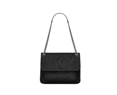 SAINT LAURENT圣罗兰 YSL Niki银链黑标Logo复古褶皱 小牛皮 流浪包斜挎单肩包 中号 女款 黑色 商品图0