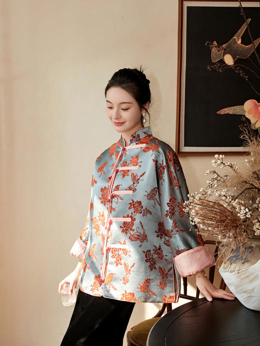 盛唐牡丹| 蝶恋花漳缎铁锈红色外套 商品图6