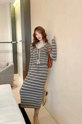 LNNNS 慵懒条纹针织连衣裙开衫套装 18907