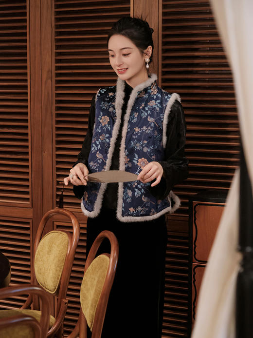 盛唐牡丹 |石青色喜鹊纹宋锦水貂夹棉马甲(尺码偏小) 商品图10