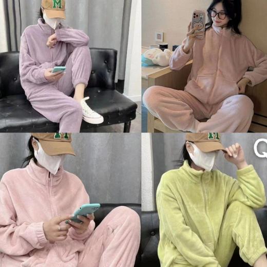 简约保暖家居服套装女秋冬双面加绒加厚睡衣秋季珊瑚绒长袖两件套学生潮流新款睡衣可外穿家居服 商品图3