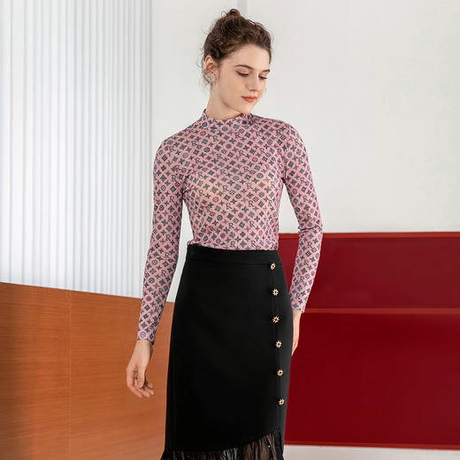 司歌弹力打底高领衫长袖秋冬印花女上衣ET901332X 商品图0