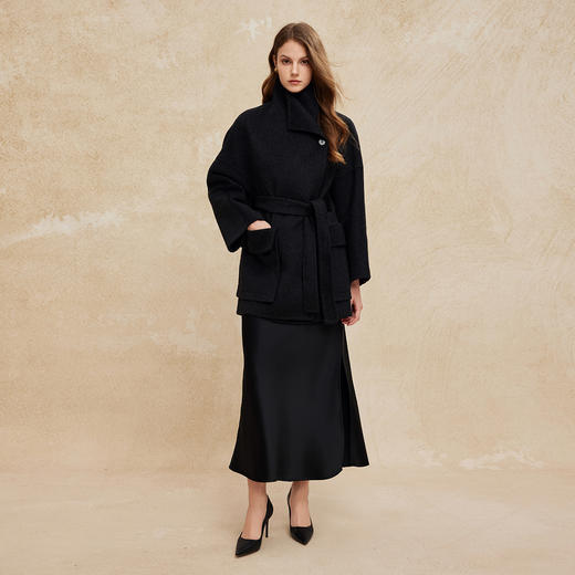 PH953斯尔丽24新款双面呢大翻领小个子显高腰带半扎斗篷感大衣 商品图7