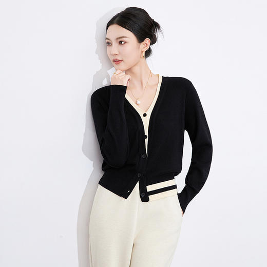 【高货wl】全新升级【铂金会员192/天猫259/差价67】(03456) 洛诗琳秋冬撞色假两件V领开衫时尚简约百搭单品针织开衫 商品图3