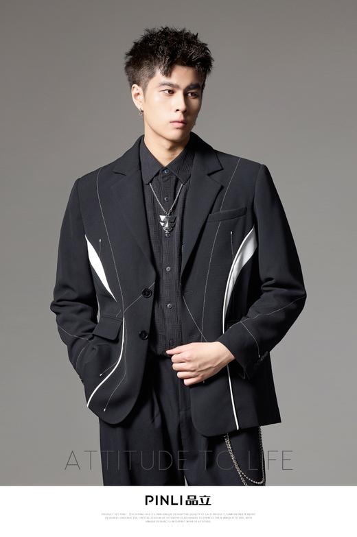 PINLI品立秋季新款黑白拼接撞色西装男明线高级休闲西服外套B243106035 商品图0