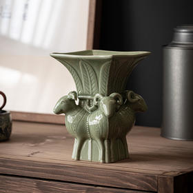 汝山明汝瓷摆件花瓶四羊方尊 大师手作创意客厅仿古摆件汝窑开片可插花